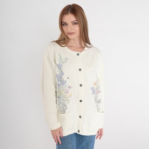 Floral Cardigan Sweatshirt 90s Button up Sweater Butterfly Bee Garden Wildflower Print Shirt Gardening Hippie Cream 1990s Vintage Large L