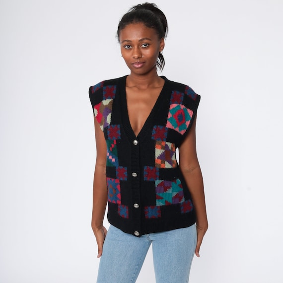 Wool LL Bean Vest 90s Boho Quilted Design Hippie Southwestern Vest Black 1990s Bohemian Hippie Vintage Festival Small