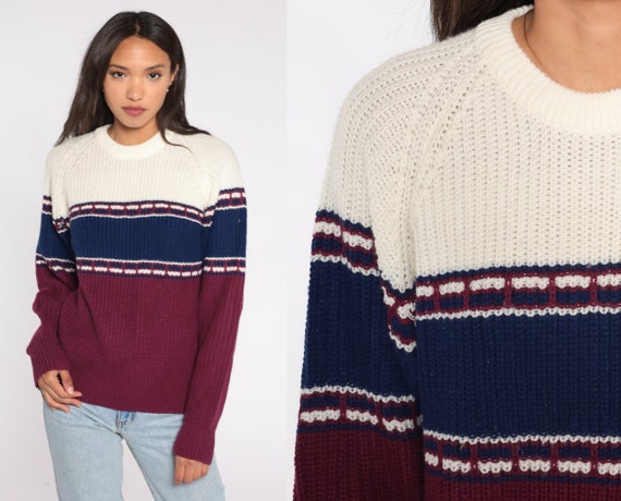Color Block Sweater 80s Striped Purple Blue White Slouchy Ribbed Knit Stripe Print 1980s Raglan Sleeve Vintage St John's Bay Medium