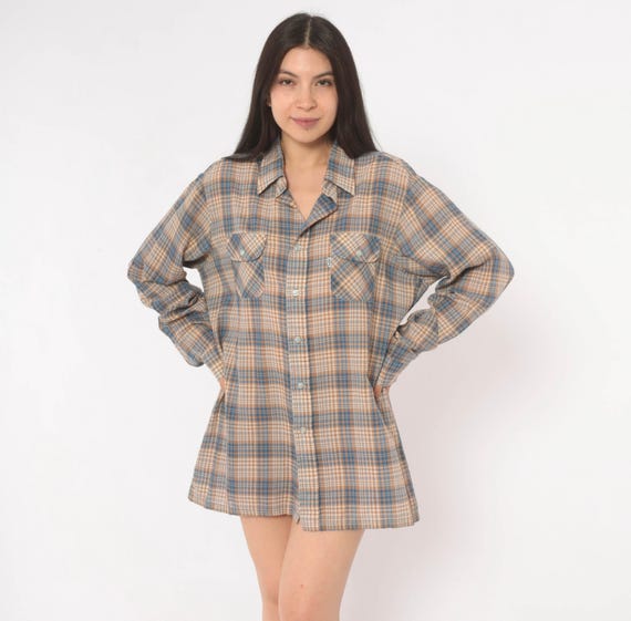80s Levis Plaid Flannel Button Front Shirt Blue Tan Check Long Sleeve Chest Pockets Semi Sheer Cotton Camp Collar Vintage Top Mens Medium M