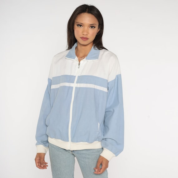 White Striped Windbreaker 80s Blue Color Block Jacket Zip Up Warmup Warm Up Stripes Vintage Retro Preppy Sportswear Men's Large L