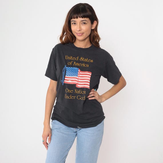 American Flag Tee 90s Black Single Stitch Vintage Patriotic Graphic Oversized Unisex Americana Fourth July One Nation Under God Medium M