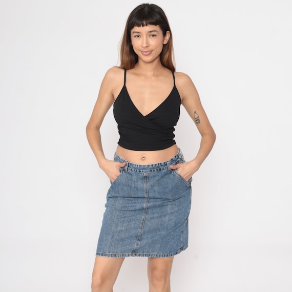Calvin Klein Jean Skirt Y2k Denim Mini Skirt Retro Blue Button Side Pencil Skirt High Waisted Straight Skirt Vintage 00s Streetwear Medium 8