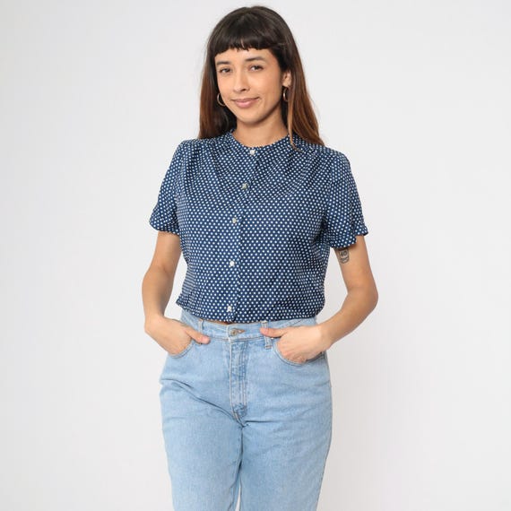 Vintage Blue Polka Dot Shirt 70s Cropped Blouse 1970s Casual Preppy Top Mod Short Sleeve Button Up Boho Medium M