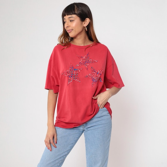 90s American Flag Star Tee Red White Blue Patriotic Cotton T-Shirt Hanes Her Way Short Sleeve Crew Neck USA Fourth Of July Extra Large XL