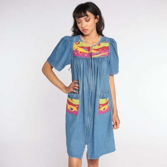 90s Denim Dress Floral Butterfly Dress Tent Mini … - image 2