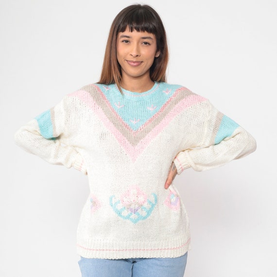 Pastel Striped Sweater 80s White Knit Pullover Sweater Beaded Floral Print Embroidered Jumper Pink Blue Chevron Flower Vintage 1980s Large L