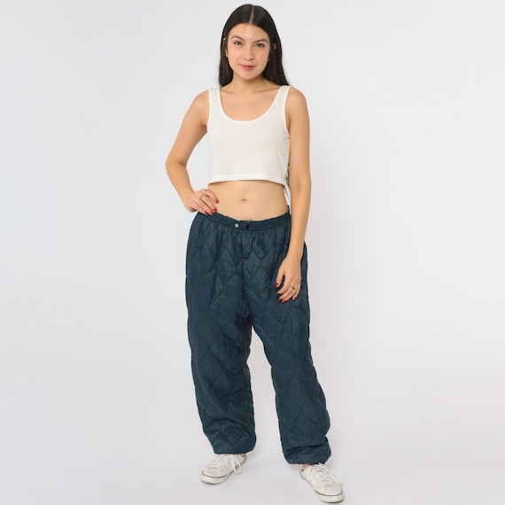80s Quilted Pants Navy Baggy Elastic Waist Diamond Pattern Puffy Padded Relaxed Fit Comfort Pants Loungewear Insulated Extra Large XL