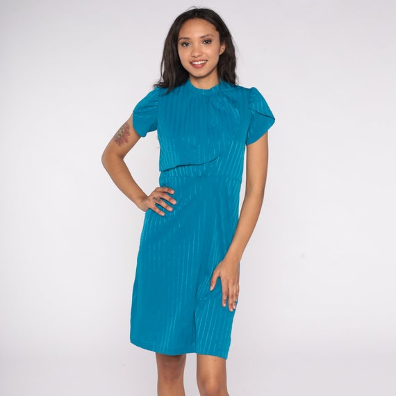 Vintage Tulip Sleeve Dress 80s Blue PUFF SLEEVE Striped Midi Dress High Waisted Ruffle 1980s Secretary Knee Length Asymmetrical Small S