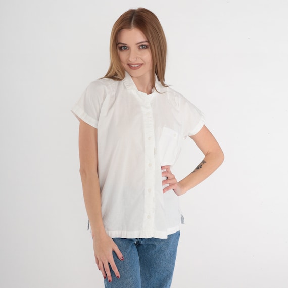 White Blouse 90s Button Up Shirt Cap Sleeve Cotton Top Collared Preppy Plain Basic Retro Simple Summer Minimal Vintage 1990s Gitano Medium M