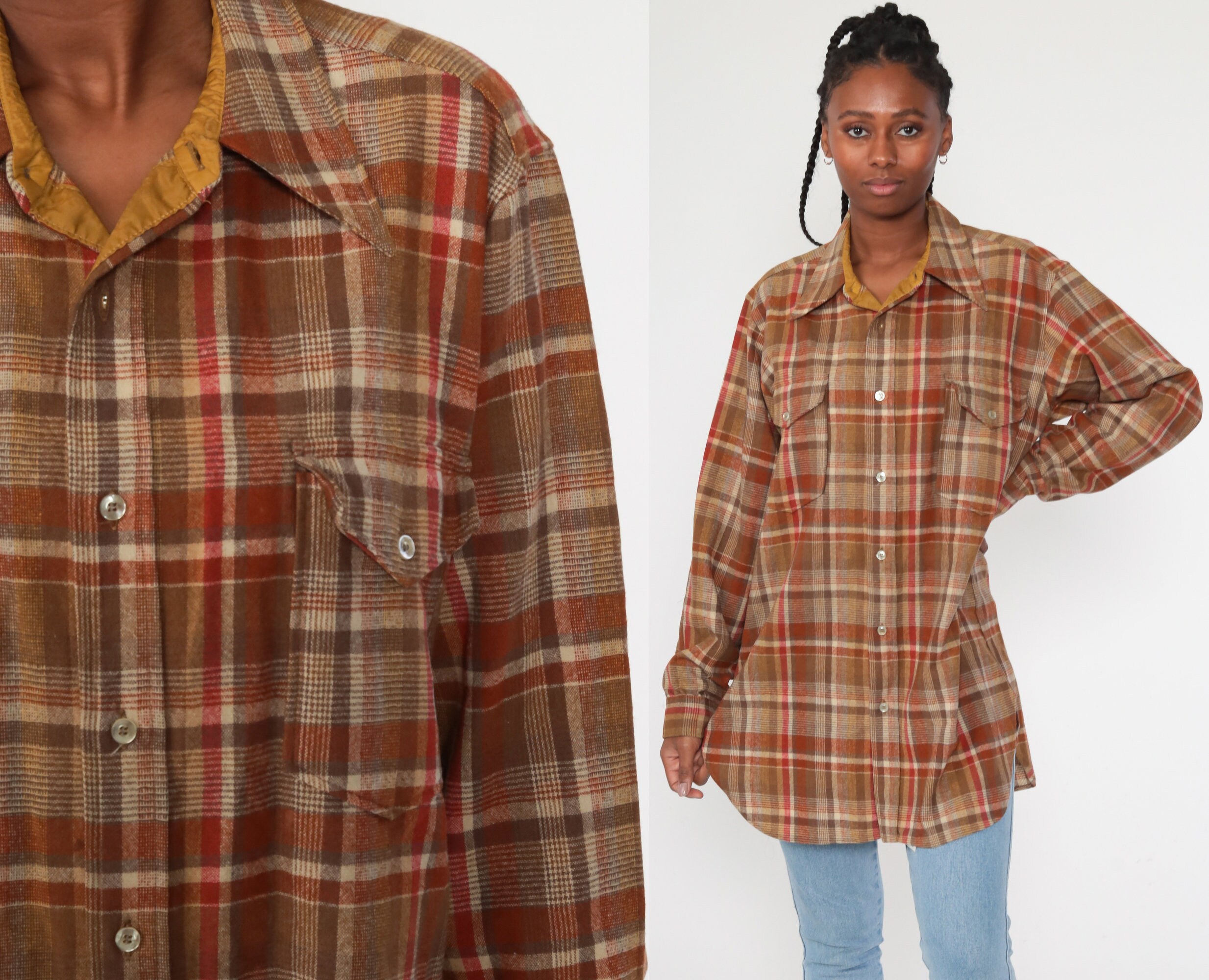 WOOL Pendleton Shirt Brown Plaid Shirt 