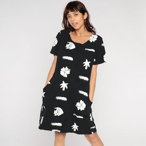 Tropical Mini Dress Y2K Black Hawaiian Hibiscus Flower Fish Print Dress Short Sleeve Shift Grunge 00s Vintage Boho Retro Summer Day Medium M