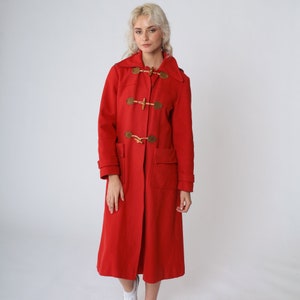 Red Hooded Coat 70s Wool Peacoat Toggle Button up Trench Pea Coat Long Jacket Warm Winter Trenchcoat Hood Elbow Patches Vintage 1970s Small image 4