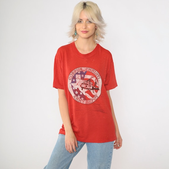 80s Helicopter T-Shirt Corpus Christi Graphic Tee Red Print Screen Stars Best Vintage T-Shirt USA Distressed Paper Thin Burnout Medium Large