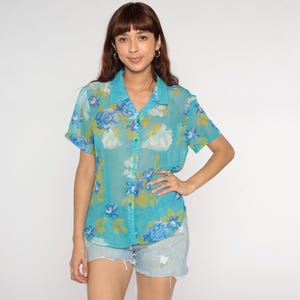 Sheer Chiffon Blouse 90s Blue Floral Shirt Flower Print Button up 