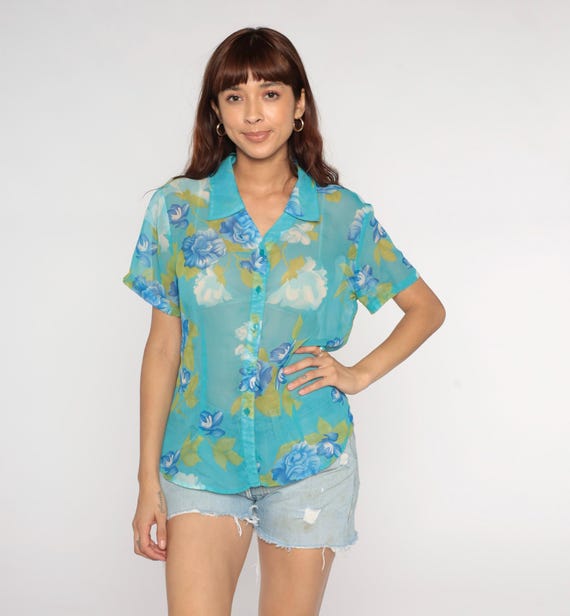Sheer Chiffon Blouse 90s Blue Floral Shirt Flower Print Button Up Shirt Collar Top Romantic Vintage Short Sleeve Bohemian Large L
