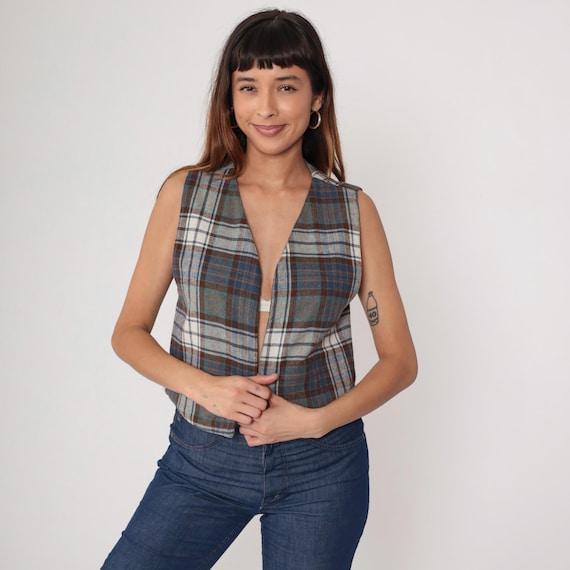 Plaid Vest 70s Brown Blue Cream Tartan Reversible Sleeveless Waistcoat Preppy Academic Dark Academia Light Academia Boho Romantic Medium M