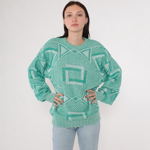 Vintage Geometric Sweater 90s Green Pullover Knit Checkered Sweater Crewneck White 1990s Jantzen Oversized Men&#39;s Large
