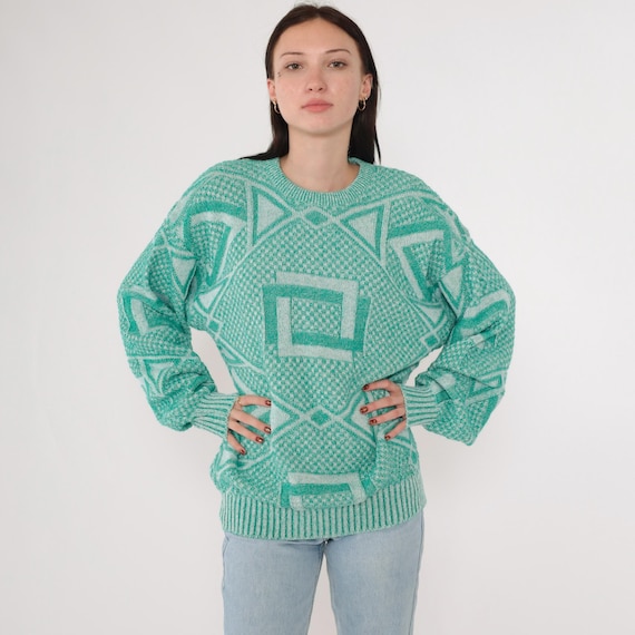 Vintage Geometric Sweater 90s Green Pullover Knit Checkered Sweater Crewneck White 1990s Jantzen Oversized Men's Large