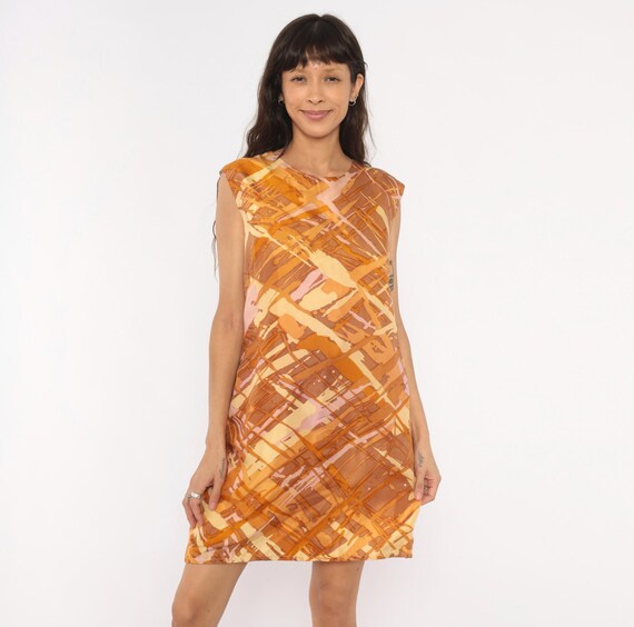 60s Mod Abstract Print Shift Dress Sleeveless Orange Brown Amber Cream Pink Brushstroke Pattern A Line Summer Go Go Vintage Frock Large L