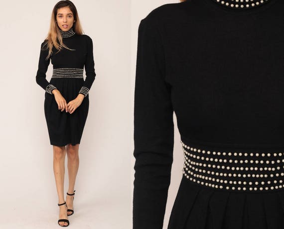 Black Mini Dress PEARL BEADED Dress 80s Party lbd WOOL Knit High Waist Sweater Pleat Vintage Cocktail Long Sleeve Gothic Extra Small xs