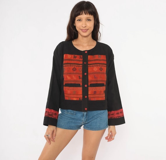 90s Ikat Woven Jacket Black Red Tribal Embroidered Button Front Cropped Folk Art Geometric Patchwork Bell Sleeve Cardigan Vintage Medium M