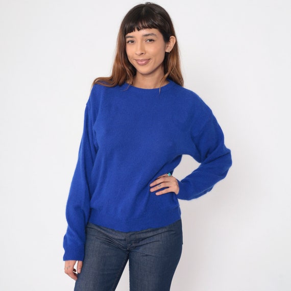 Royal Blue Angora Wool Sweater 90s Textured Swirl Knit Pullover Cozy Plain Vintage Knitwear Pierre Cardin Jumper 1990s Retro Basic Medium M