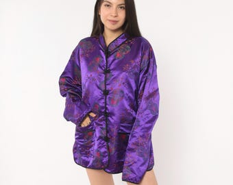 Purple Brocade Jacket 90s Chinese Frog Button Closure Mandarin Collar Satin Violet Plum Medallion Floral Coat Shiny Finish Extra Large XL