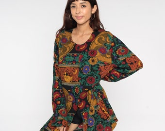 90s Floral Blouse Grunge Longline Flower Print Tunic Blouse Boho Hippie Shirt Slit Top 1990s Vintage Bohemian Long Sleeve Oversize Large L