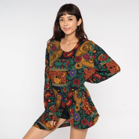 90s Floral Blouse Grunge Longline Flower Print Tunic Blouse Boho Hippie Shirt Slit Top 1990s Vintage Bohemian Long Sleeve Oversize Large L