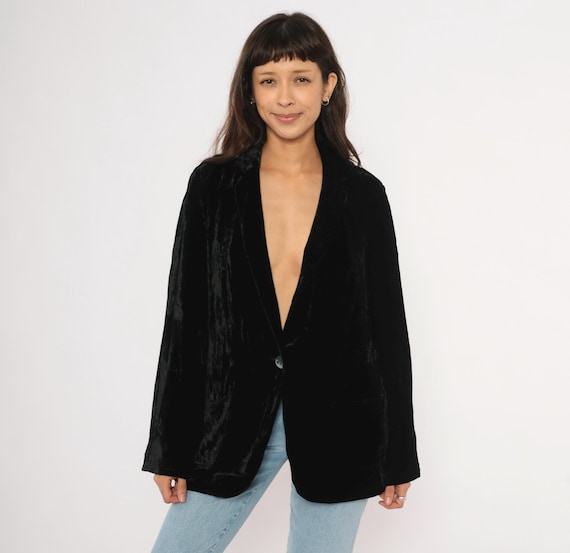 Black Crushed Velvet Blazer 2000s Single Button Jacket Patch Pocket Silk Blend Dark Loose Fit Evening Cocktail Coat Elegant Vintage Medium M