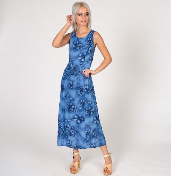 90s Floral Dress Blue Sheath Midi Summer Dress Sundress Boho Garden Print Ankle Length 1990s Princess Seam Sleeveless Extra Small xs