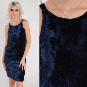 Velvet Floral Dress 90s Navy Blue Mini Dress Retro Party Shift Dress Flower Print Sleeveless Cocktail Boho Chic Vintage 1990s Extra Small xs