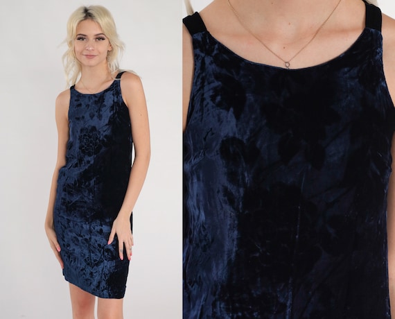 Velvet Floral Dress 90s Navy Blue Mini Dress Retro Party Shift Dress Flower Print Sleeveless Cocktail Boho Chic Vintage 1990s Extra Small xs