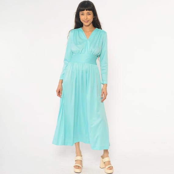 70s Aqua Maxi Dress V Neck Tie Waist Turquoise Mint Blue Floor Length Disco Party Prairie Boho Vintage Wedding Guest Summer Spring Medium M