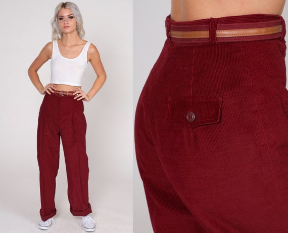 Red Corduroy Pants 70s Trousers Pleated High Waisted Rise Belted Straight  Leg Slacks Retro Preppy Burgundy Vintage 1970s Extra Small Xs 26 