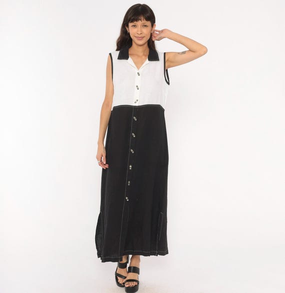 90s Color Block Maxi Dress Black White Sleeveless Linen Cotton Collared Vintage Summer Beach Vacation Cocktail Poolside Minimalist Medium M