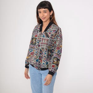Silk Windbreaker Jacket y2k Geometric Print Patchwork Zip Up Bomber Retro Streetwear Sporty Vintage Black 00s Medium