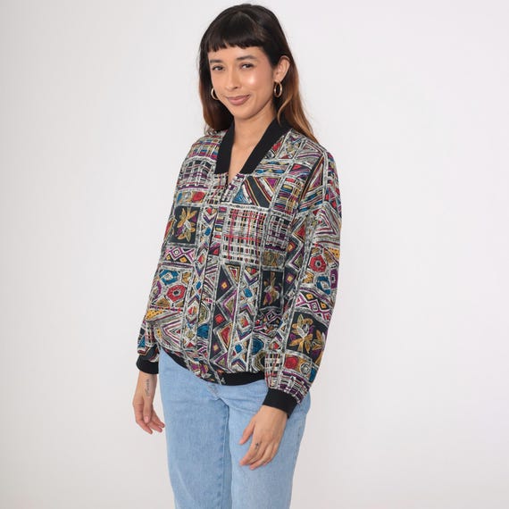 Silk Windbreaker Jacket y2k Geometric Print Patchwork Zip Up Bomber Retro Streetwear Sporty Vintage Black 00s Medium