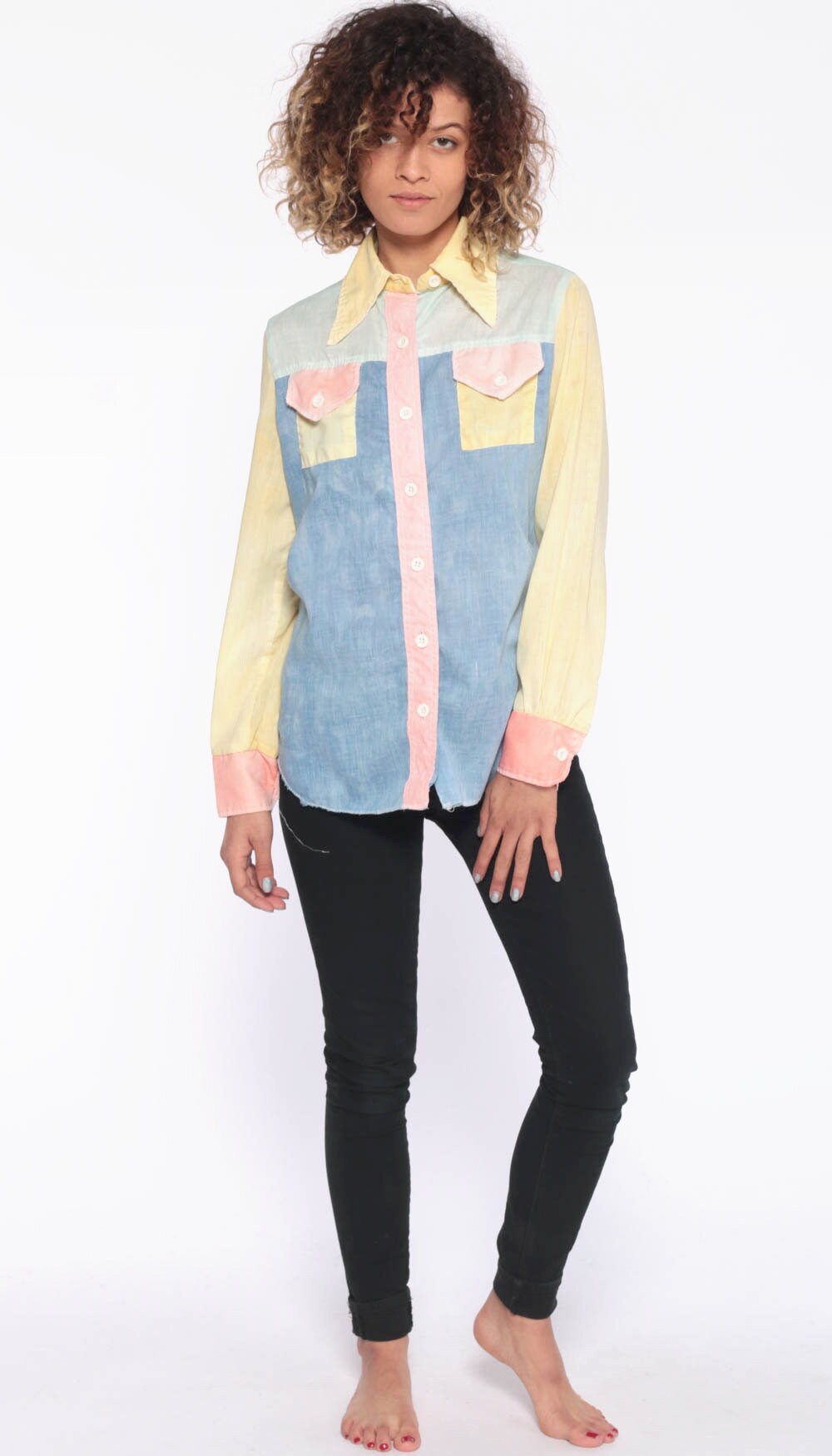 Pastel Color Block Shirt 70s Oxford Collared 1970s Baby Blue Pink Button Up Cotton Long Sleeve 