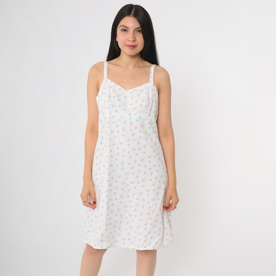 80s Floral Sundress Summer Day Dress White Pink Blue Print Sleeveless Sweetheart Neckline Lightweight Cotton Small