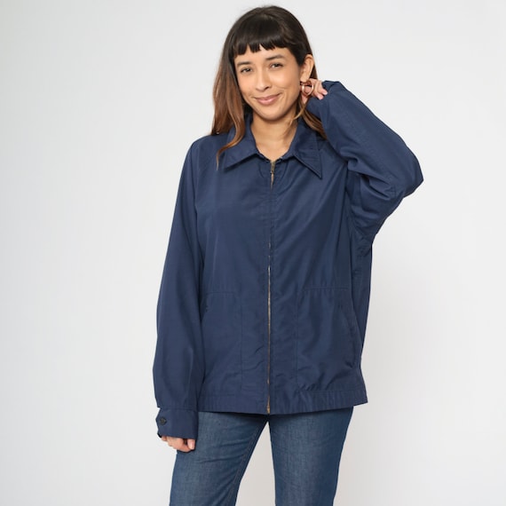 70s McGregor Drizzler Windbreaker Navy Blue Jacket Zip Up Plain Retro Basic Work Wear Pointed Collar Utility Vintage 1970s 46 Extra Large xl
