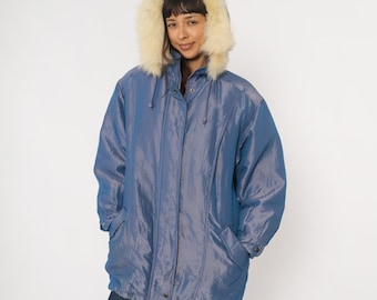 80s Blue Iridescent Puffer Jacket Fur Trim Hood Windbreaker Oversized Winter Coat Metallic Sheen Puffy Sleeve Vintage  Large L