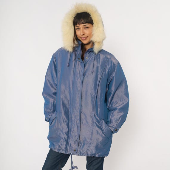 80s Blue Iridescent Puffer Jacket Fur Trim Hood Windbreaker Oversized Winter Coat Metallic Sheen Puffy Sleeve Vintage  Large L