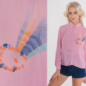 Lavender Shirt 70s Abstract Print Button Up Blouse Disco Top Pastel Groovy Long Sleeve Vintage 1970s Viscose Extra Small xs