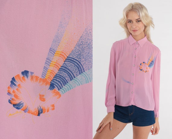 Lavender Shirt 70s Abstract Print Button Up Blouse Disco Top Pastel Groovy Long Sleeve Vintage 1970s Viscose Extra Small xs