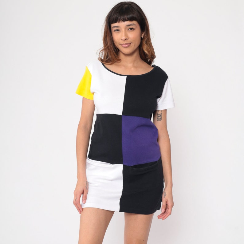 90s Color Block Dress Black Purple White Mini Dress Pocket Front Short Sleeve Party Dress Shift Ringer Vintage 1990s Small Medium image 2