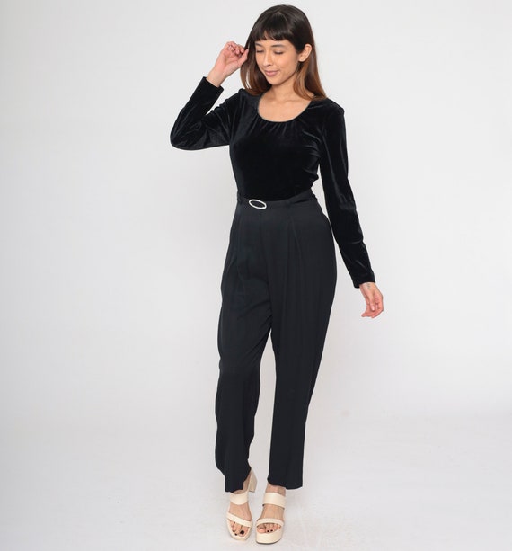 Black Velvet Jumpsuit 90s Rhinestone Jumpsuit Tapered Pants Romper One Piece Pantsuit Scoop Neck Party Vintage Long Sleeve 1990s Medium 8
