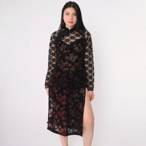 Vintage Burnout Velvet Ao Dai Dress Sheer Black Lace Metallic Red Floral Mandarin Collar Gothic Party Long Sleeve Side Slit Extra Small xs