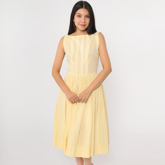 60s Yellow Fit and Flare Dress Vintage Midi Party 1960s Pleated Full Skirt Mad Men Boatneck High Waist Sleeveless Tea Length Extra Small xs